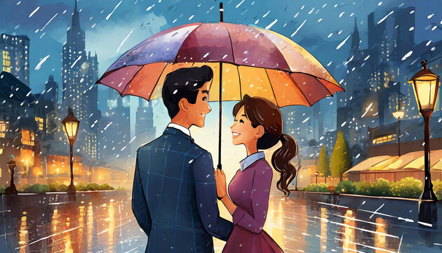 Enchanted Rain: Evening City Romance beneath an Umbrella