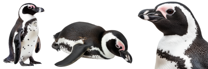 African penguin collection (portrait, lying, standing) isolated on a white background, animal bundle