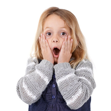 Portrait, surprise or shocked child with mistake, wow or omg facial expression on isolated white background. Kid, oops or face of a young girl amazed by gossip, news or sale in studio announcement