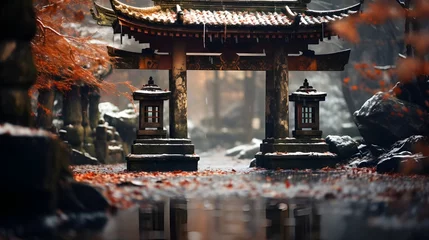 Poster torii gate japanese with winter season background © Hamsyfr