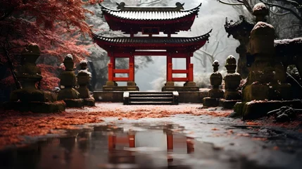 Afwasbaar fotobehang torii gate japanese with winter season background © Hamsyfr