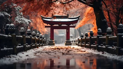 Tuinposter torii gate japanese with winter season background © Hamsyfr