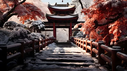 Fototapeten torii gate japanese with winter season background © Hamsyfr