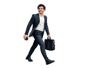 A man in a formal suit is seen heading to his workplace. The background is clear.