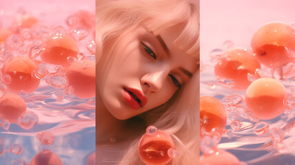 Obraz na płótnie Canvas Peachy Aquatic Reverie: A Series of Anime-Inspired Photos Featuring Peaches and Water, Infused with Light Pink and Transparent Texture Aesthetics