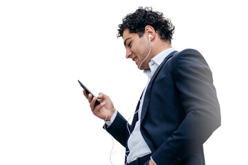A businessman is using a phone while wearing a suit. A company employee is typing in a chat room. The background is clear.