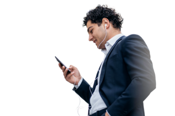 A businessman is using a phone while wearing a suit. A company employee is typing in a chat room. The background is clear.