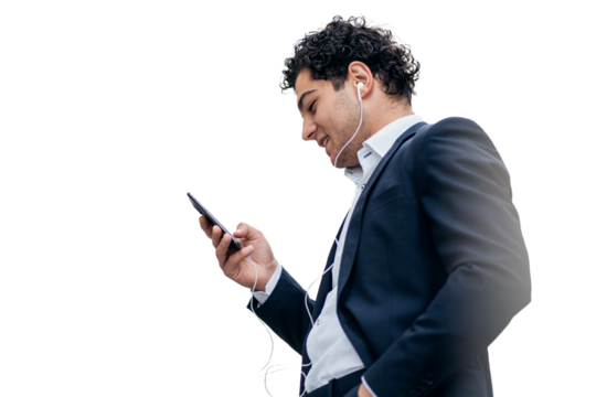 A businessman is using a phone while wearing a suit. A company employee is typing in a chat room. The background is clear.