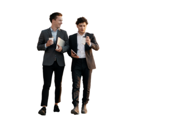 Two colleagues, both wearing business attire, are discussing work-related matters. The background is clear.