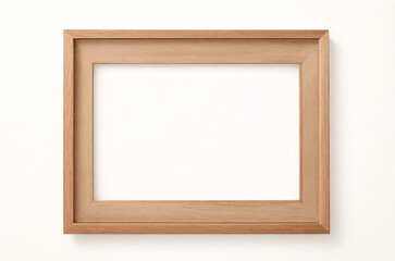 Marco vertical rectangular fino de madera clara colgado en una pared con textura blanca, plano, vista superior, ilustración 3D.