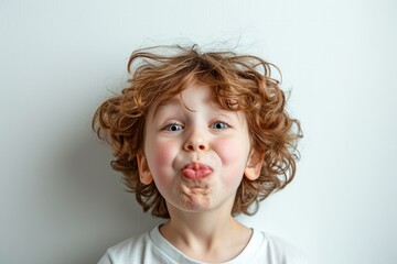 Child making silly faces, white background