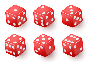 Red dice with white dots. Vector set isolated on white background. 3d dice.
