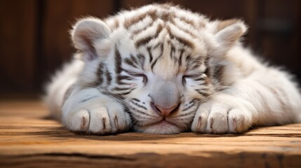white tiger cub was sleeping peacefully on the wooden floor.