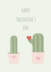 Happy Valentine's Day banner. Illustration with in love cactus. Flyer with home plants with heart. 