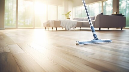 Floor cleaning with mop and cleanser foam on parquet floor for effective household maintenance