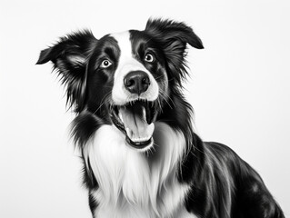 Close up portrait of cute happy black and white dog on white background black and white photo
Generative AI	