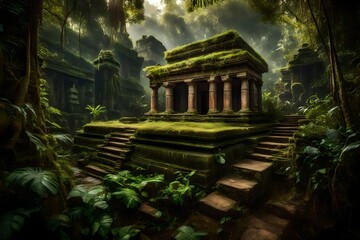 A mystical ancient temple nestled in the heart of a lush, overgrown jungle