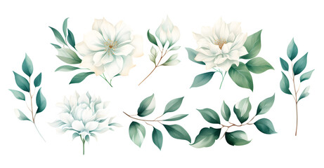 Fototapeta na wymiar White flowers and green leaves watercolor collection isolated on white background