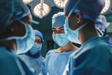 Diverse male and female surgeons with face masks doing surgery in hospital operating room