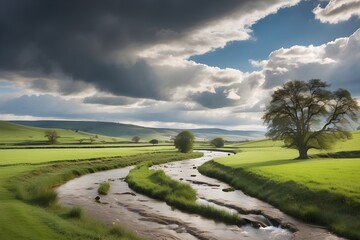 Fototapeta na wymiar A meandering stream cutting through picturesque farmland under a cloudy sky