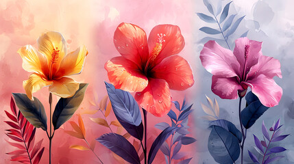A painting of three flowers on a colorful background. Ai generated.