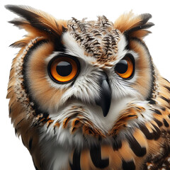 portrait of a horned owl isolated on transparent or white background, PNG