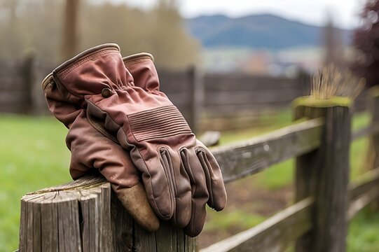 A pair of well worn gardening gloves resting on a wooden fence post