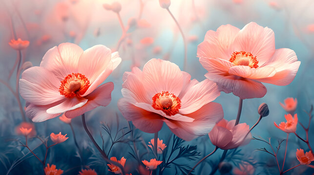 Botanical elements and three pink flowers with a blue background. Ai generated.