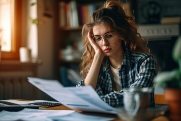 Stressed young woman reviewing her bills, reflecting financial strain during a recession. A poignant representation of personal debt and economic downturn, Generative AI - obrazy, fototapety, plakaty