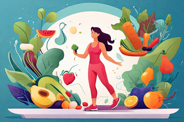 Embrace Healthy Living. Illustration of tiny figures depicting a balanced lifestyle with exercise routines and nutritious meals for vitality and well-being. Stay active, stay vibrant.