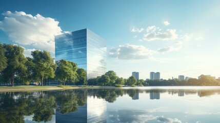 Glass building reflecting beautifully on a calm lake amid nature