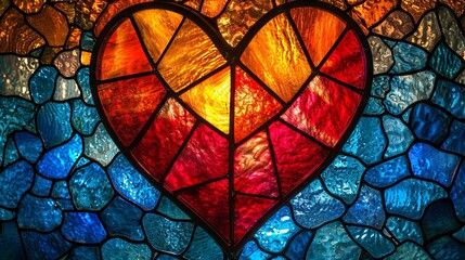 Stained glass window background with colorful Leaf and Heart abstract. Valentine day concept. 
