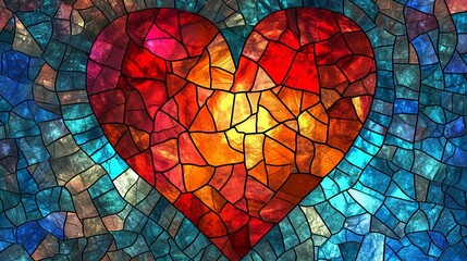 Stained glass window background with colorful Leaf and Heart abstract. Valentine day concept.	 - obrazy, fototapety, plakaty