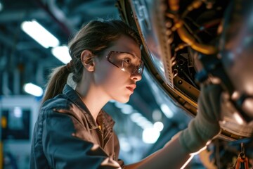 A proud and confident female aerospace engineer works on an aircraft, displaying expertise in technology and electronics. Image captures a candid moment in aviation industry, Generative AI - obrazy, fototapety, plakaty