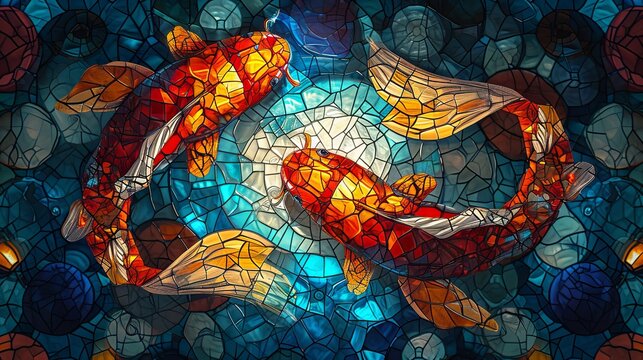 Stained glass window background with colorful Koi fish abstract.