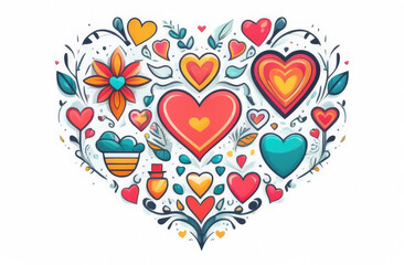 Heart shape made of flowers, hearts and icon sets for Valentine's day, Mother's day. Concept of greeting cart