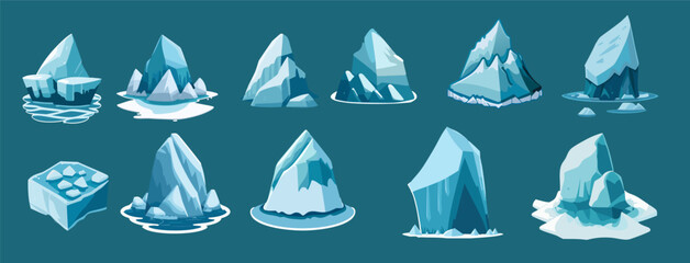 iceberg collection cartoon style and ice floe set vector