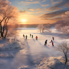 Obraz na płótnie Canvas Group of children playing ice hockey on frozen lake in winter surrounded by trees and sunset in the background.