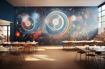 Classroom with large blackboard with physics elements Education in school and college studies