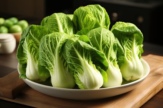 Heads of Beijing cabbage on a large white plate, agricultural crop.