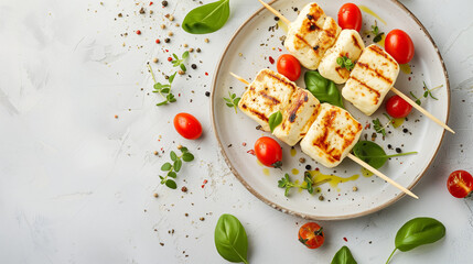 Grilled halloumi cheese with fresh salad, cherry tomatoes, and herbs. A tasty appetizer, salad, ketogenic, paleo lunch on a bright background. Banner with copy space for a delicious and healthy meal.