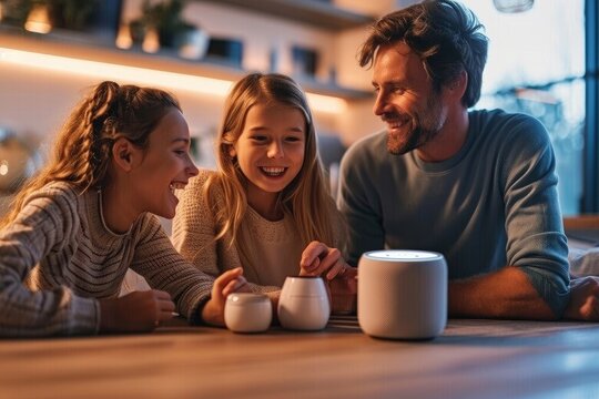 Family interacting with an artificial intelligence smart speaker assistant. Image represents the integration of AI technology in everyday life and the future of home automation, Generative AI