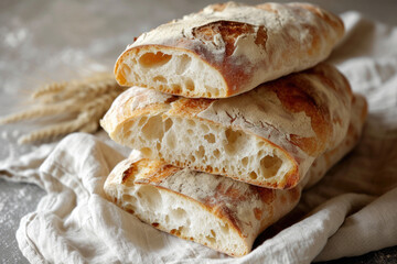 The elegance of ciabatta bread, emphasizing its textured crust and soft, porous interior - obrazy, fototapety, plakaty