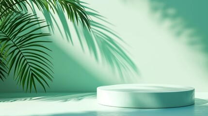 Fototapeta na wymiar Abstract background for presenting cosmetic products. Premium podium with tropical palm leaf silhouettes on a pastel green wall.