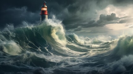 Fototapeta na wymiar Scenic illustration of a beautiful lighthouse in a storm with strong waves. Neural network AI generated art
