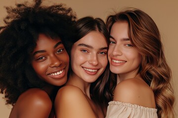 Three smiling diverse young women, multicultural ladies models faces bonding isolated on beige background