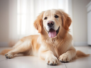 Portrait of a domestic dog happy dog lay Generative AI	
