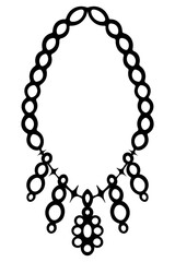 Bead necklace. Hanging decoration made of hanging beads, a flower in the center and thorns between them. Sketch. Vector illustration. Precious item. Outline on isolated background. Coloring book.