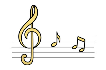 Note writing. On a stave of five lines, a treble clef and notes are drawn. Golden musical signs. Color vector illustration. Cartoon style. Isolated background. Play the melody. Idea for web design.