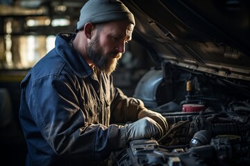 Fototapeta na wymiar Car mechanic repairing vehicle at automotive service center. expert auto repair service